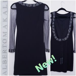 💟💖NWT Alberto Makali black dress beaded/sequin  long sleeve tassel ties *SZ4